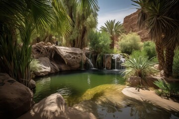 Fototapeta na wymiar desert oasis with waterfall and greenery visible in the background, created with generative ai