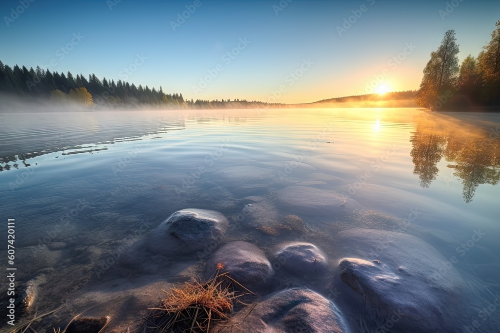 Sticker crystal clear lake, with view of the sunrise and mist floating on the water, created with generative ai