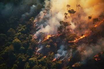 Fototapeta na wymiar Aerial view wildfire in woods, draught and hot weather. AI Generated