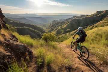 rider on mountain biking trail, with view of the valley below, created with generative ai