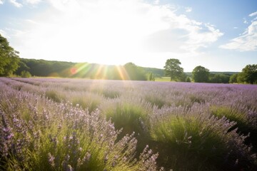 lavender field in full bloom, with the sun shining down, created with generative ai