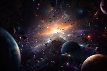 alien life form floating through the void of space, surrounded by stars and planets, created with generative ai