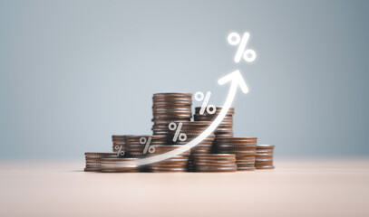 Coins money stacking with up arrow and percentage symbol for financial banking increase interest rate or mortgage investment dividend from business growth concept. - obrazy, fototapety, plakaty