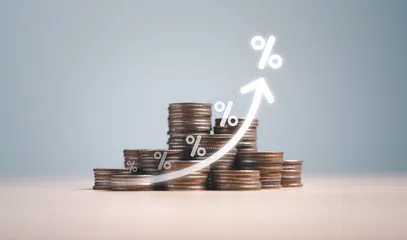 Fotobehang Coins money stacking with up arrow and percentage symbol for financial banking increase interest rate or mortgage investment dividend from business growth concept. © Dilok