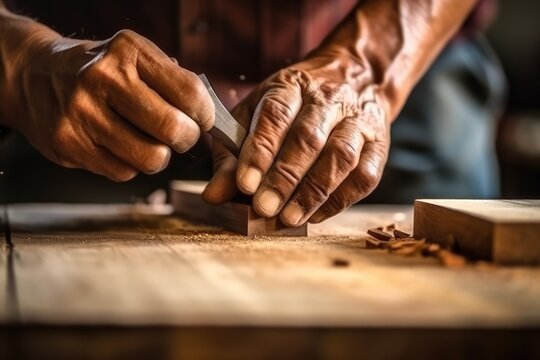 Close up of the hands of a carpenter working.Generative AI 