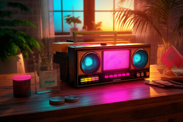 a retro vintage stereo music boom box, neon vaporwave color mood in a chill iliving room, generative ai illustration set