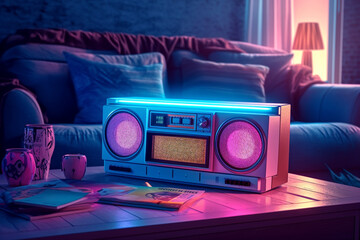 a retro vintage stereo music boom box, neon vaporwave color mood in a chill iliving room, generative ai illustration set - obrazy, fototapety, plakaty