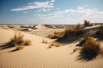 desert landscape with towering dunes and clear blue skies, created with generative ai