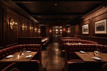 high-end restaurant with wood-paneled walls, plush velvet seating, and dim lighting, created with generative ai