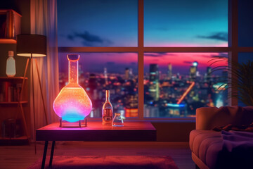 retro vintage lava lamp on the window with city buildings in the background, neon vaporwave colors,sunset, generative ai illustration