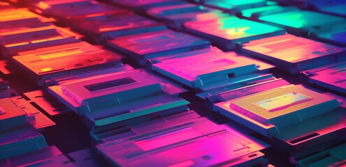 a retro vintage  floppy disk (diskette), neon vaporwave color mood in a chill living room, generative ai illustration set