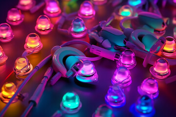 abstract cables and buttons on  console., neon vaporwave colors, nostalgia mood, shiny lights, generative ai illustration