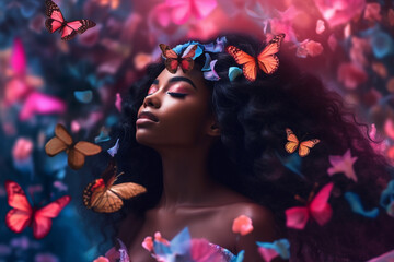 black dreamer model alone surrounded by colorful butterflies, , dreamy background  generative ai illustration