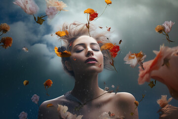  portrait of a beautifull model woman dreaming in a bucolic scene surrounded by petal flowers flying, alone, generative ai illustration