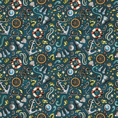 Cartoon doodles Nautical seamless pattern.