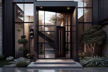 modern, sleek entrance with glass and metal accents, created with generative ai