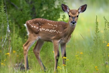 Naklejka na ściany i meble baby deer in meadow, with delicate legs and soft fur, created with generative ai
