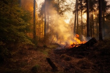 Obraz premium Aerial view wildfire in woods, draught and hot weather. AI Generated