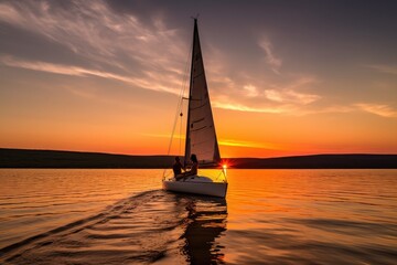 Fototapeta na wymiar couple, with sailboat and sunset in the background, taking romantic sunset sail on the lake, created with generative ai