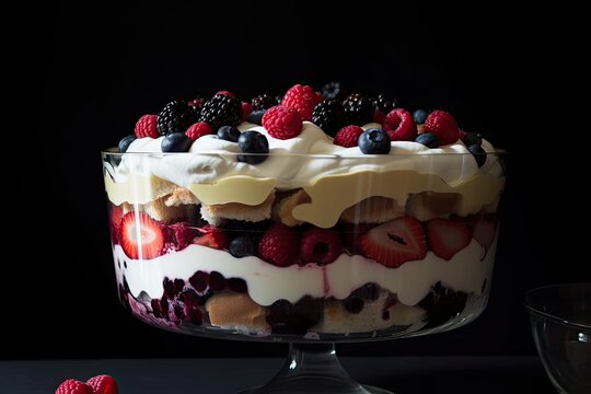 a decadent trifle dessert with layers of pudding, berries, and meringue, created with generative ai