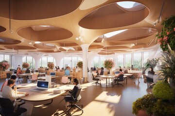 Collaborative business architecture building with flexible workspaces, open meeting areas, and shared amenities, fostering teamwork and innovation - Generative AI