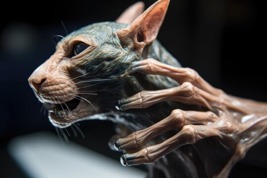 close-up of alien hand, with microscopic view of skin and veins, touching the head of a cat, created with generative ai