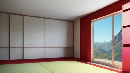 A White Walled And Wooden Slat-Decorated Japanese-Style Room With White Concrete Flooring Is Depicted In A 3d Rendering. Generative AI