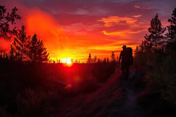 Fototapeta premium fiery sunset, with silhouetted figure and backpacker on the trail, created with generative ai