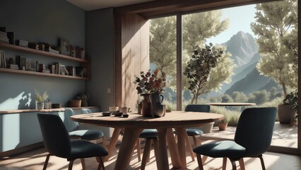 Fototapeta premium Modern Dining Room With Round Yellow Table And Matching Chairs In Photo. Generative AI