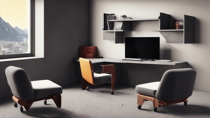 Stylish Modern Ceo Workplace Design With A Concrete Floor. Panoramic View. Grey And Brown Office Interior Corner. Desk. Cabinets. Stylish Niche. And Three Rolling Chairs. Generative AI