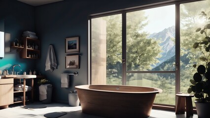 A Modern Bathroom Including A Tub. Wooden Stand Sink. Mirror. And Bath Accessories. Generative AI