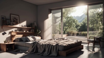 3d Render Of Contemporary Loft Bedroom With Open Door To Garden. Featuring Concrete Tile Floors. Wooden Plank Ceiling. And Light Gray Fabric Furniture. Generative AI