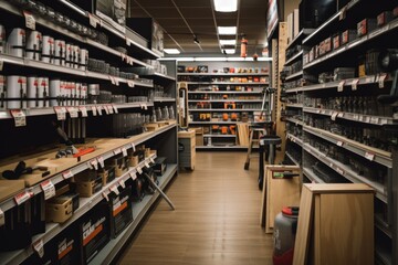 a home improvement store, with shelves stocked with tools and supplies, created with generative ai