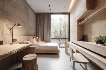 a minimalist eco-hotel room with sleek decor and recycled materials, created with generative ai
