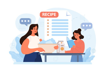 Parents teaching their child how to cook. Family making food