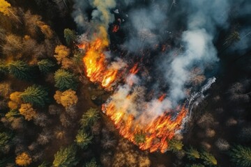Fototapeta na wymiar Aerial view wildfire in woods, draught and hot weather. AI Generated