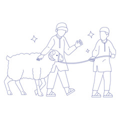 Boys and a Goat Eid Adha Outline 2D Illustrations