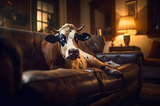 Strange picture of a farm cow lies on a leather sofa in the house's living room. The concept of large pets in the apartment, inconvenience, discomfort. Geneartive AI.