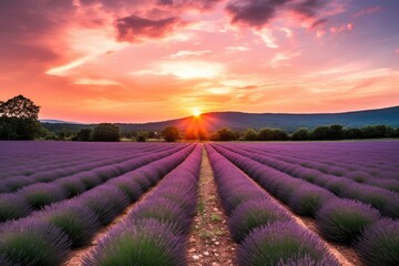 lavender field with dramatic sunset in the background, created with generative ai
