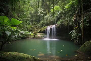 majestic waterfall cascading into jungle pool, created with generative ai