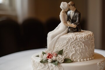 wedding cake topper, with bride and groom smiling down at the newlyweds, created with generative ai