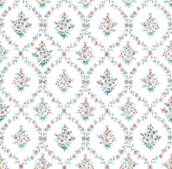Ethnic Indian style water color floral seamless pattern. Hand drawn water color traditional floral repeating background.