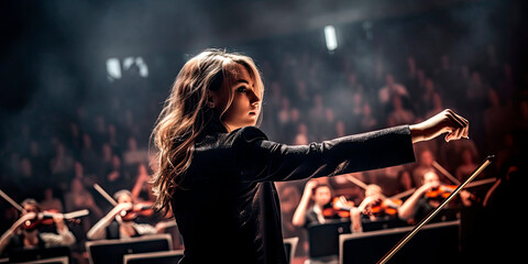 skilled female orchestral conductor, woman in profession, Generative AI