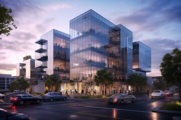 Mixed-use business architecture building with a combination of office spaces, retail outlets, and recreational facilities, creating a dynamic and vibrant environment - Generative AI