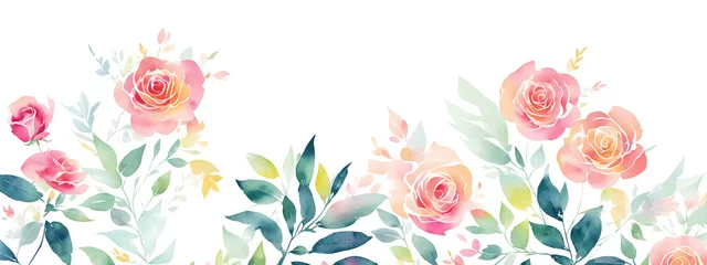 Wandcirkels tuinposter Background decorated with roses flowers and leaves on light abstract background. Template for fashion ads, horizontal poster and social media. Design for wallpaper, card, banner. Generative AI © 360VP