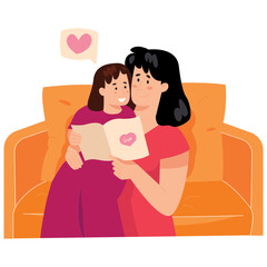 Mother Reading to Child Mothers Day Color 2D Illustrations