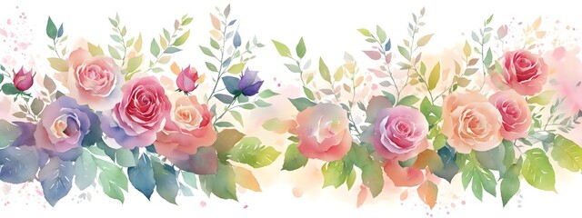 Background decorated with roses flowers and leaves on light abstract background. Template for fashion ads, horizontal poster and social media. Design for wallpaper, card, banner. Generative AI