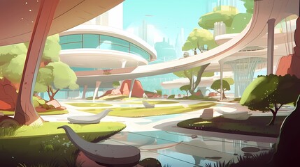 Fototapeta premium Enchanting Fantasy World at the Modern Park Interior. A Captivating Digital Art Illustrations. Generative AI