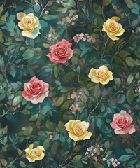 Meubelstickers Background decorated with roses flowers and leaves on light abstract background. Template for fashion ads, horizontal poster and social media. Design for wallpaper, card, banner. Generative AI © 360VP