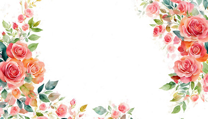 Background decorated with roses flowers and leaves on light abstract background. Template for fashion ads, horizontal poster and social media. Design for wallpaper, card, banner. Generative AI